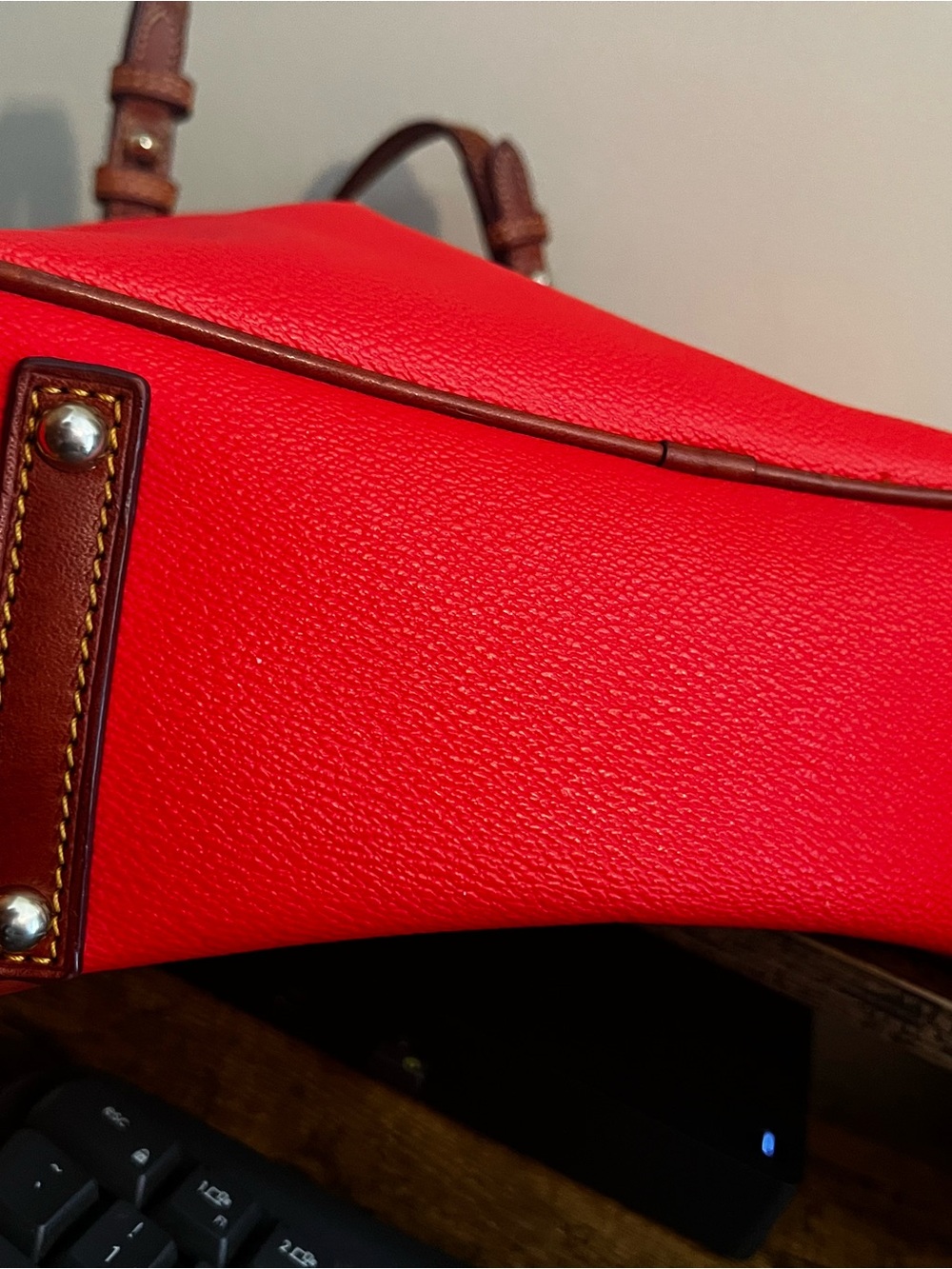 Dooney & Bourke Bright Red Pebbled Leather Tote with Brown Trim - Picture 7 of 7